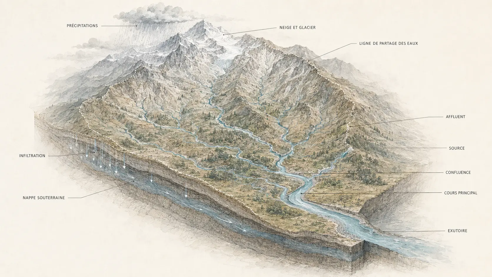 Coupe topographique d’un bassin versant montrant les précipitations, la ligne de partage des eaux, les affluents, l’infiltration, la nappe souterraine, la source, la confluence et l’exutoire